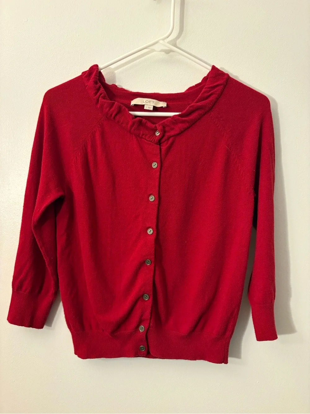 LOFT Red Ruffle-Trim Button Front Cardigan - Picture 1 of 4